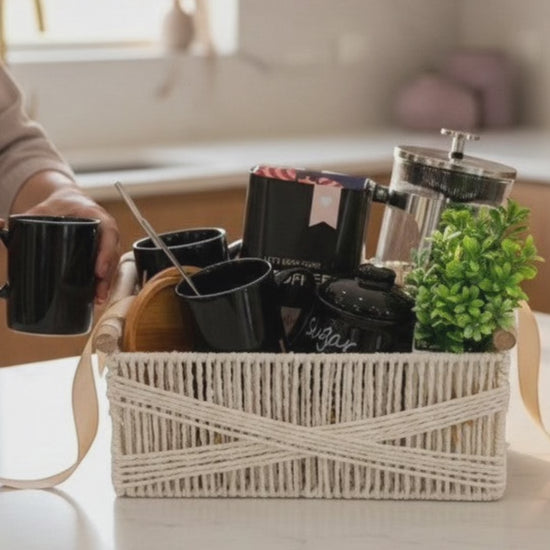 Silver Press French press coffee gift basket styled for a cozy coffee morning
