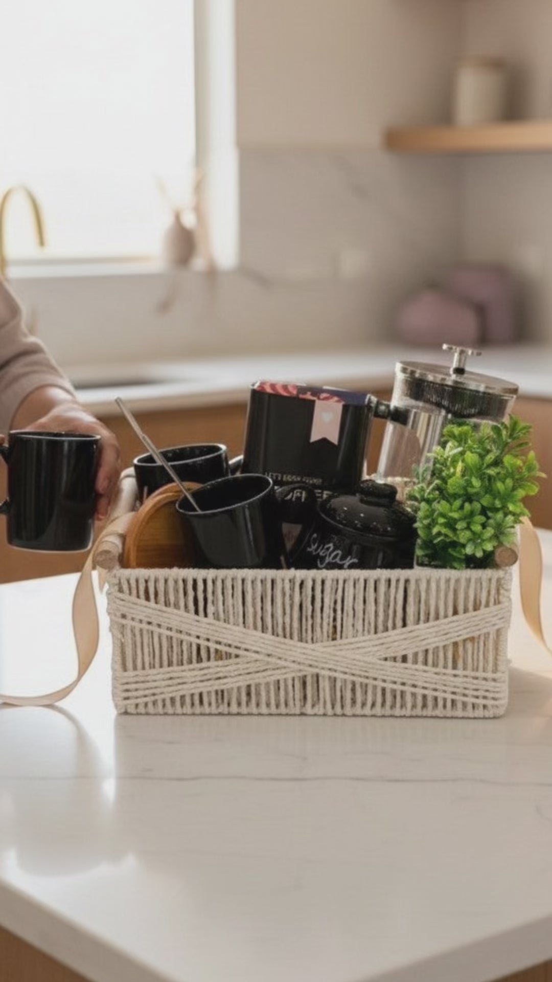 Silver Press French press coffee gift basket styled for a cozy coffee morning