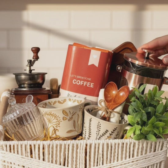Copper House French press coffee basket styled for a cozy coffee morning