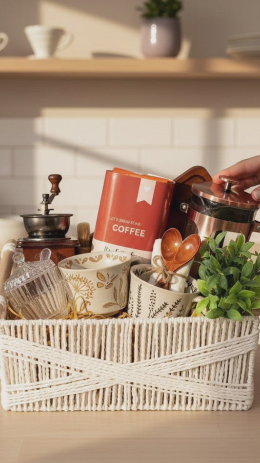 Copper House French press coffee basket styled for a cozy coffee morning